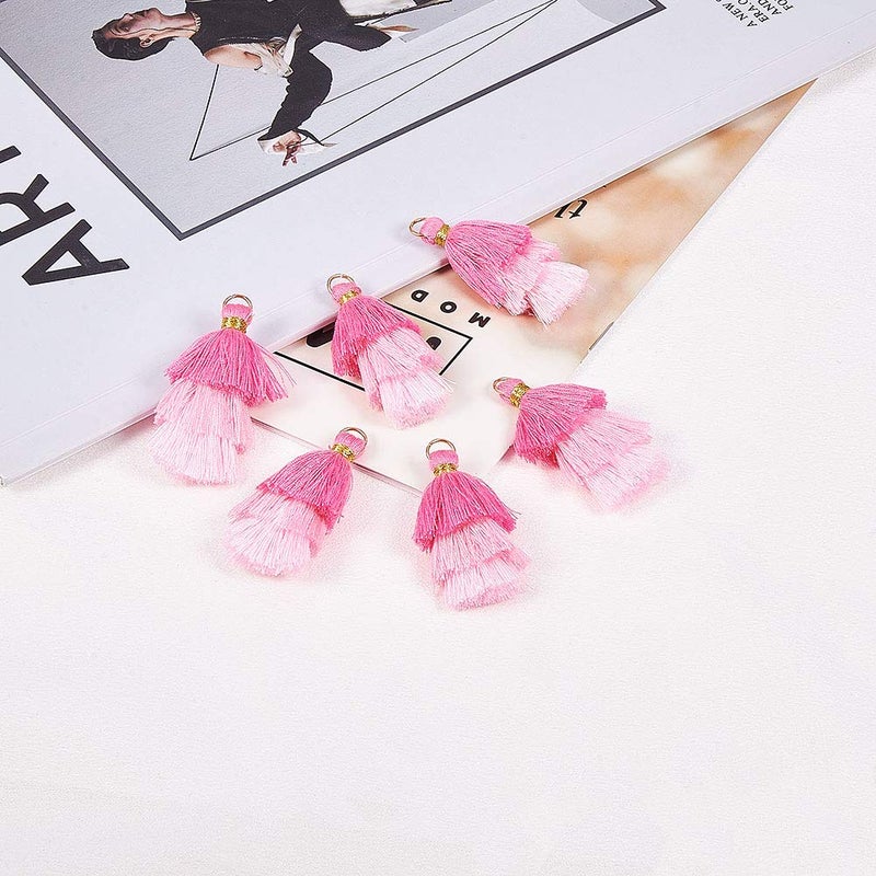 NBEADS 20 Pcs Pink Polyester Tassel Pendants, Tri-Layered Tassels with Gold Jump Ring for DIY Projects, Jewelry Making, Decoration, Bookmarks - Image 5